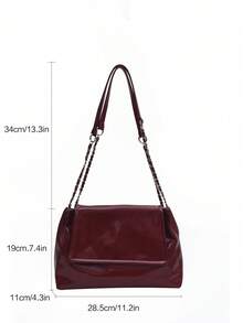 春季新款时尚链条肩带托特包，大容量单肩斜挎包带翻盖，腋下面包包，百搭办公室通勤包女士 - 酒紅色 - 查看 5