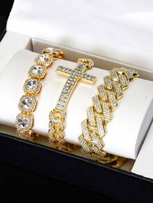 3 buc/set brățară cu pandantiv cruce Ice Out rotundă cu lanț Tenniers și brățară cubaneză Miami Set pentru tânăr bărbat și femeie cubaneză lanț cruce punk set de brățări cu pandantiv Unisex cadou pentru bărbați și femei potrivit pentru zi cu zi și petrecere - A - Vizualizare 3