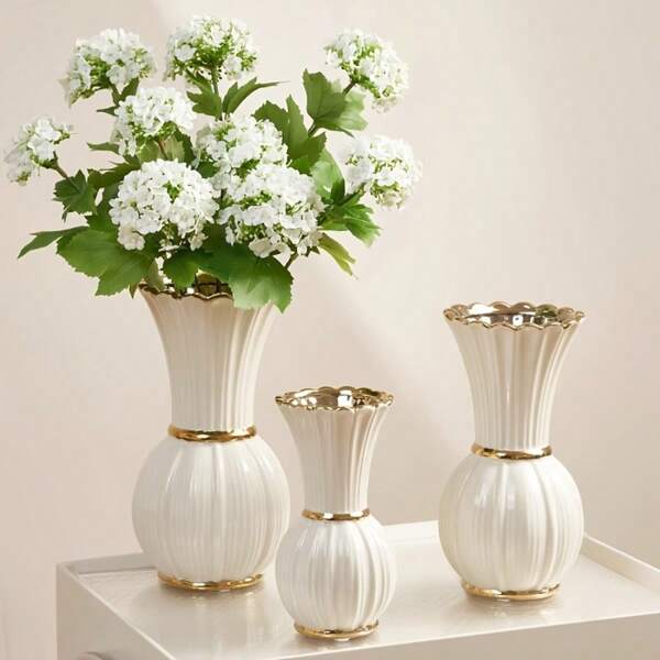 1 pieza Jarrón de cerámica con acabado crema, Jarrón de alta gama para arreglos florales de rosas, Decoración de estilo francés retro para sala de estar o mesa de comedor