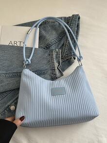 Bolso de hombro de gran capacidad, resistente a las arrugas, de unicolor y con rayas frescas, para el verano de 2025 - Azul - Ver 8