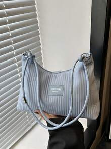 Bolso de hombro de gran capacidad, resistente a las arrugas, de unicolor y con rayas frescas, para el verano de 2025 - Azul - Ver 6