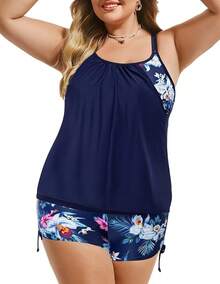 Womens Plus Size Striped Printed Strappy Tankini Top With Shorts Two Pieces Swimsuit - Navy Blue Floral - View 3
