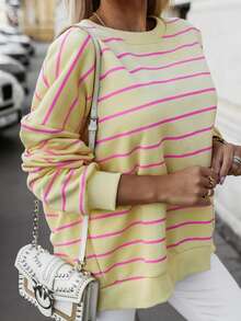 Acelitt 女士黄色条纹叠层露肩毛衣，秋冬季 - 黃色 - 查看 3