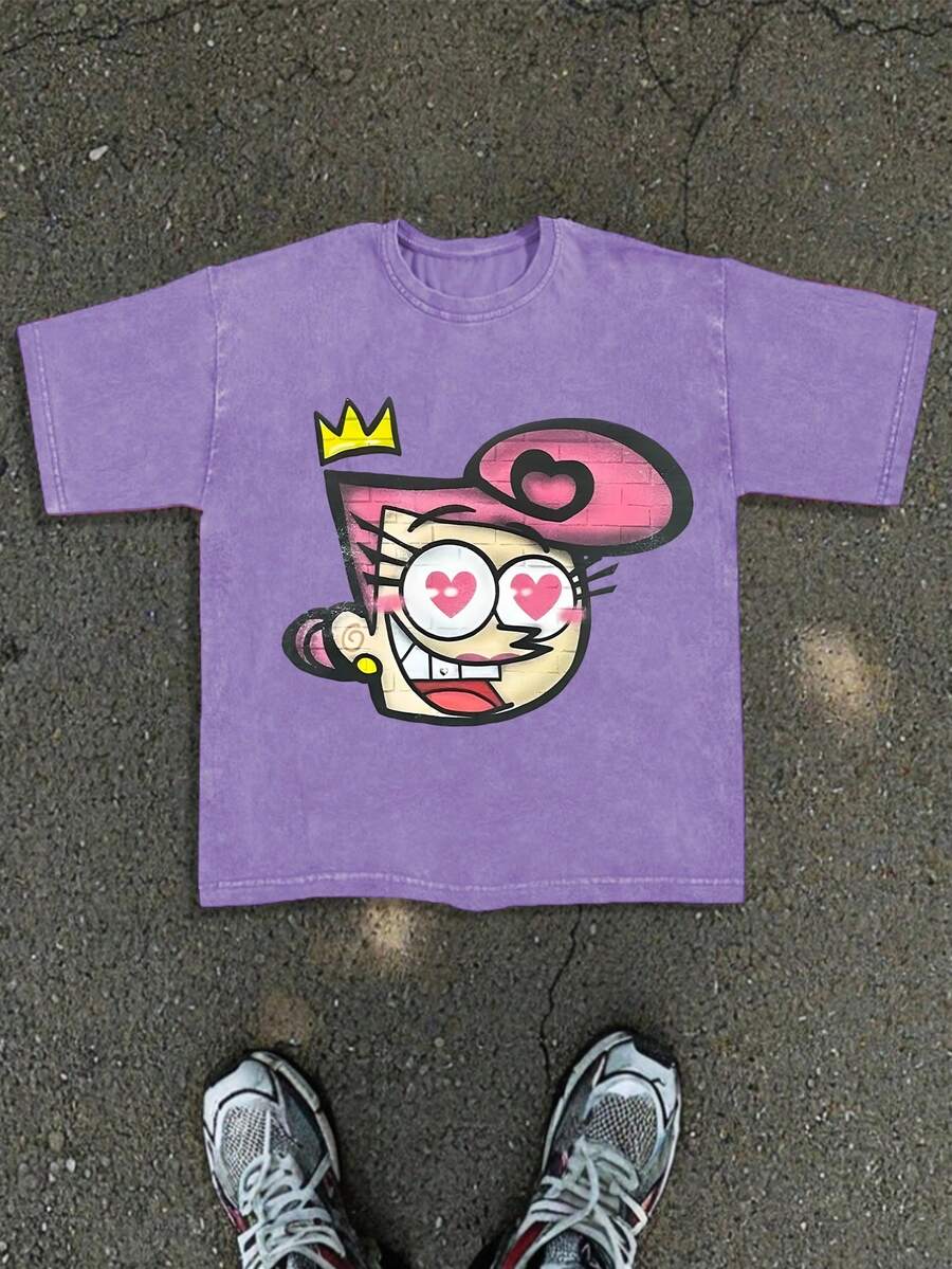 Pink Hair Crown Design Print 230g Heavy Wash Batik Double-Sided Printing Short-Sleeved T-Shirt, Men's Crisp Short-Sleeved T-Shirt, Outdoor Sweatshirt, Vintage Wash, 100% Cotton, Everyday Wear - 淡紫色 - 查看 1