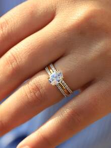 ESBERRY 3 件/套 925 纯银高光迷人方形椭圆形切割锆石装饰结婚戒指 女士情人节礼物订婚新娘首饰