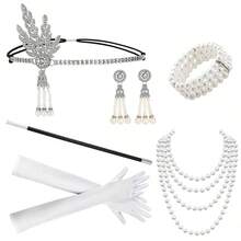 6-Piece Set Of 1920s Women's Wedding Celebration Makeup Ball Gatsby Series Retro Elegant Hepburn Style Accessories, Rhinestone Alloy Tassel Headband, Pendant Earrings, Imitation Bracelet Necklace, Long Gloves, Pipe Halloween - Multicolor - View 2