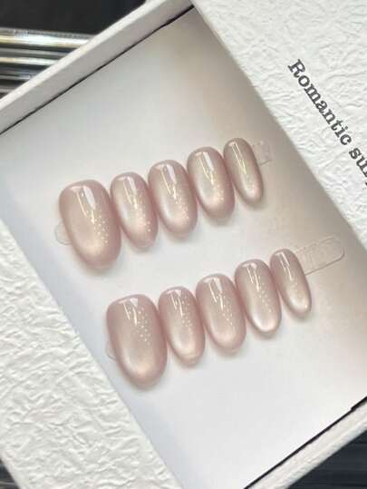 10 piezas/set Envoltorios de uñas de estilo de ojo de gato minimalista de color rosa nude ovalado corto, pegatinas de arte de uñas hechas a mano adecuadas para uso diario, festivales, citas, regalo para niñas y mujeres, uñas postizas, suministros para uñas