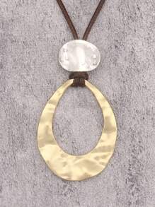 1pc Fashion Oval Hollow Alloy Pendant Necklace, Unisex, Black Wax Cord Simple Hip-Hop Necklace, Suitable As Gift For Boyfriend Or Girlfriend