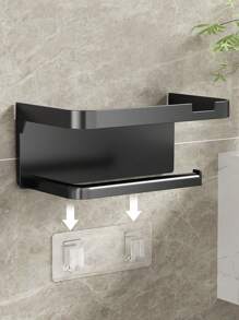 1pc Wall-Mounted Toilet Paper Holder With Storage Shelf - Black, Self-Adhesive, No-Drill Design For Bathroom, Kitchen, Or Hotel - Ideal For Holding Toilet Paper, Phone, And Accessories, Accessory Holder Modern Wall Shelf Durable Plastic, Toilet Paper Holder Back To School