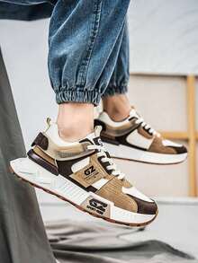 Giày thể thao đế dày Colorblock cho nam, Giày thể thao nam thời trang thoáng khí thoải mái, Giày chạy bộ buộc dây tăng chiều cao cho nam, Giày ngoài trời - Màu Khaki - Xem 3