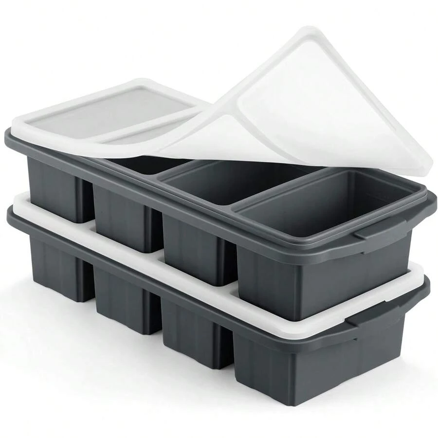 Silicone Freezer Tray With Lid - Silicone Freezer Food Molds- Large Ice Cube Tray,Silicone Freezer Container,Freeze & Store Soup, Sauce, Broth,Leftovers - Makes 4 Perfect 1 Cup - 2 Gói-Đen mờ Xám - Xem 1
