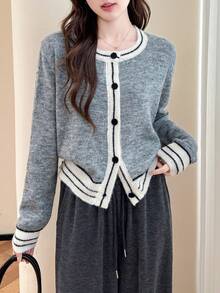 Alicedudu Áo khoác cardigan dệt kim họa tiết sọc màu tương phản cao cấp tối giản dành cho nữ mùa thu/đông - Màu Xám nhạt - Xem 5