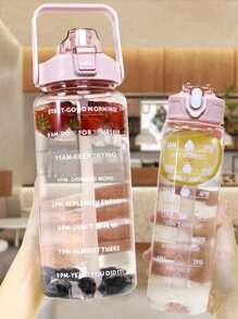 1 pieza Botella de agua de 2000ml o 750ml con flujo de agua rápido y a prueba de fugas, botellas de agua para fitness, gimnasio, exteriores, oficina, vuelta al cole (Rosa) con marcador y pajita, jarra de agua de gran capacidad, Artículos esenciales para un viaje de verano a la playa