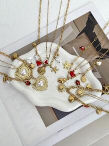 1 pieza Collar con diseño elegante de lujo ligero de estilo bohemio y océano, con mariquita, estrella de mar, sol, concha y caracol, adecuado como regalo de graduación, para mujer, hermana, pareja, para usar diariamente, citas, fiestas, vacaciones de verano, playa