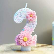 1pc Pink Flower Digit Birthday Cake Candle, Party Festival Birthday Decor Handmade Sparkling Glitter Candle - Pink Daisy - View 5