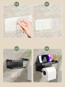 1pc Wall-Mounted Toilet Paper Holder With Storage Shelf - Black, Self-Adhesive, No-Drill Design For Bathroom, Kitchen, Or Hotel - Ideal For Holding Toilet Paper, Phone, And Accessories, Accessory Holder Modern Wall Shelf Durable Plastic, Toilet Paper Holder Back To School