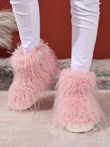 2025 New Fluffy Faux Thermal Lined Ankle Boots, Fashion Slip-On Furry Warm Anti-Slip Boots - Baby Pink - View 4