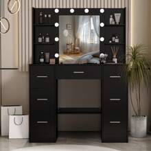Large Vanity Desk With Lighted Mirror & Drawer Dressing Table LED Lights - Black Dressing Table Set With Drawers And Open Shelves