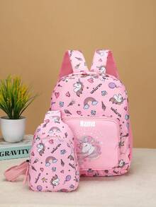 可定制迷你儿童背包和胸包，可印制个性化姓名或节日祝福语的书包。全新两件套组合包，适合返校季，2件套男童女童迷你休闲百搭可爱挖土机尼龙材质拉链闭合背包腰包，适合日常外出上学、户外运动旅行零钱包，时尚秋季，儿童，定制儿童包 - 文字1 - 查看 8