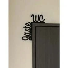 Placa para banheiro de hóspedes de 1 peça – Placa elegante de metal preto com moldura de porta, sem necessidade de perfuração – Escultura de parede estilosa com texto "Banheiro" – Perfeita para decoração moderna de casa ou empresa - Preto - Ver 5
