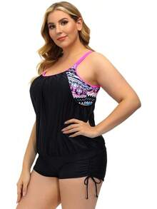 Womens Plus Size Striped Printed Strappy Tankini Top With Shorts Two Pieces Swimsuit - Floral Print - View 4