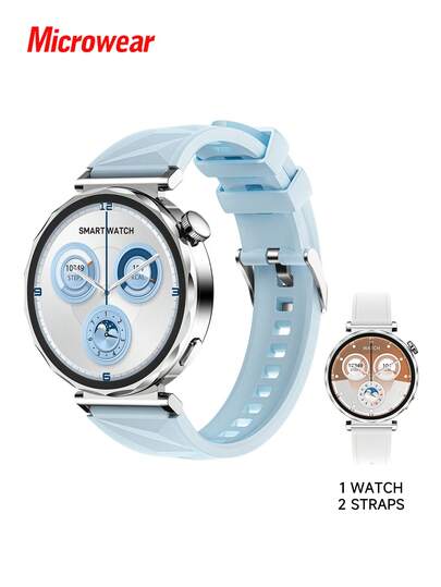 Microwear 1.32" Full Touchscreen Smart Watch For IOS & Android, 2 Straps, Message Notifications, Fitness Tracking, 100+ Sports Modes, Weather, Stopwatch, Timer, Alarm, Voice Assistant