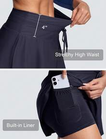 Women's High Waisted 15'' Swim Skirts Tummy Control Bathing Suit Skirt Bottoms Swimsuit With Liner Pockets - B Navy - View 6