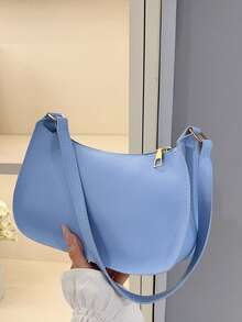 תיק כתף מינימליסטי עם רוכסן בצבע אחיד, תיק אופנתי בצורת סהר, תיק כתף עם רוכסן ארנק דמוי עור בצבע אחיד נרתיק הלבשה תחתונה בורדו, מתנה אידיאלית לשנה החדשה נרתיק הלבשה תחתונה אופנתי בצבע בורדו - כחול - ראה 2