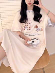 Pure Slumber Women Cute Short Sleeve Nightgown - Pullover Round Neck, Lembut & Nyaman, Desain Patchwork Lengan Asimetris, Pakaian Tidur - Aprikot - View 6