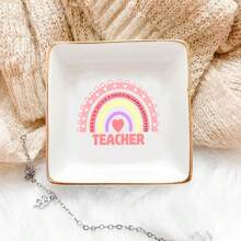 1pc Teacher Ceramic Jewelry Plate Pink Pattern Tray Gift, A Thoughtful Gift For Teachers, Express Your Love For Teachers, Suitable For Back To School Season Teacher's Day, Ideal Ring Jewelry Plate Gift