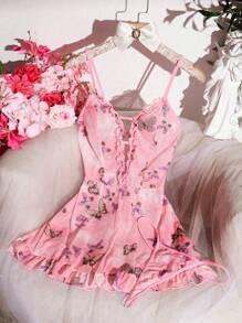 2pcs/Set Women Sexy Lingerie Set, Mesh Butterfly Print Nightgown, Wireless Bra With Ruffle Hem Design, Spaghetti Strap Chemise With Sexy Thong