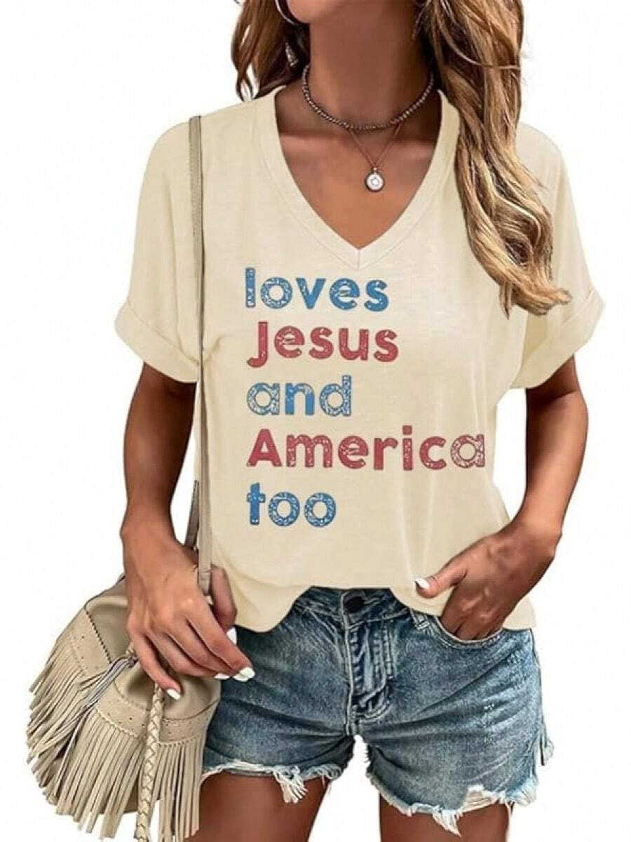 4th Of July V Neck Patriotic T-Shirts Women American Flag Print Faith Family Freedom Letter Casual Short Sleeve Tee Tops Halloween Christmas New Year - 杏色 - 查看 1