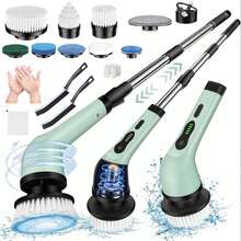 Electric Rotary Floor Scrubber, Cordless Bathroom Tub Cleaning Brush With Long Handle And 6 Replaceable Cleaning Brush Heads, 50 Minute Run Time, Bathtub And Floor Tile 360 Powerful Floor Scrubber, 2 Speeds With Adjustable And Removable Handle For Bathroom, Kitchen And Car,Halloween Gifts - màu xanh lá - Xem 1