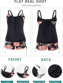 Womens Plus Size Striped Printed Strappy Tankini Top With Shorts Two Pieces Swimsuit - Black - View 6