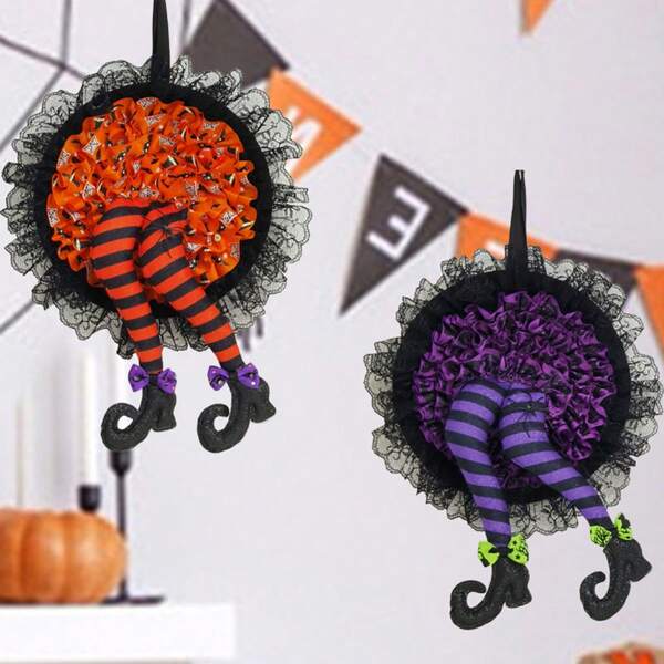 1 pièce Couronne d'Halloween de 40*26cm comme du tissu, décoration de couronne de porte d'entrée pour Halloween, pour porte, porche, fenêtre, décoration de fête intérieure - Orange/Violet