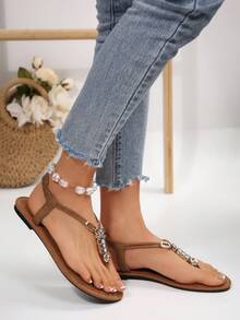 Damskie sandały rzymskie z koralikami w stylu boho, z pętelką na palce, wygodne, plażowe, domowe, wiosna/lato