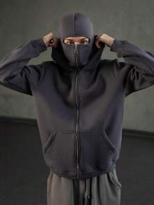 Full Zipper Retro Mask Jacket Coats Y2k Hip Hop Rock Men Oversized Punk Hoodie Winter Warm Long Sleeve Sweatshirt , Zip Up Hoodie Men, For Friends, Husband, Boyfriend Gifts - 灰色 - 查看 2