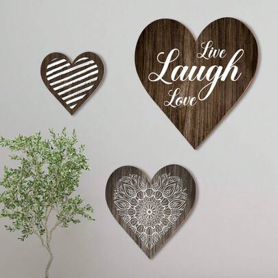 3pcs Wooden Heart-Shaped Wall Decor, Rustic Bedroom Wall Decoration, Wooden Heart Wall Art, Creative Pattern Wooden Wall Art For Farmhouse, Suitable For Living Room Hanging Signage, Great Housewarming Gift