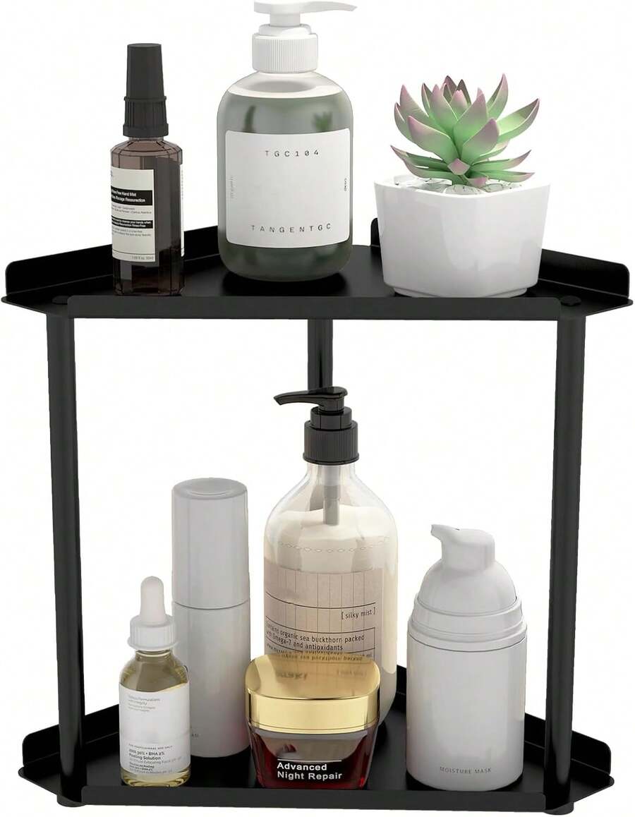 2 Tier Bathroom Counter Organizer, Vanity Organizer Corner Shelf, Skincare, Makeup Countertop Organizers, Kitchen, Bathroom Counter Storage, Black - Black 2 Tier - View 1
