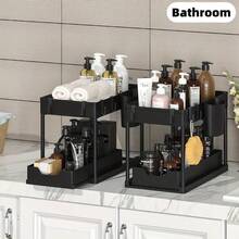 HOUSHELIF 1 pezzo Organizzatore e portaoggetti da posizionare sotto il lavello, con 2 ripiani scorrevoli e ganci, resistente alla ruggine, per spazi stretti in bagno, cucina e ufficio - nero - Visualizzare 4