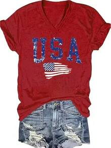 4th Of July V Neck Patriotic T-Shirts Women American Flag Print Faith Family Freedom Letter Casual Short Sleeve Tee Tops Halloween Christmas New Year - 紅色-3 - 查看 1