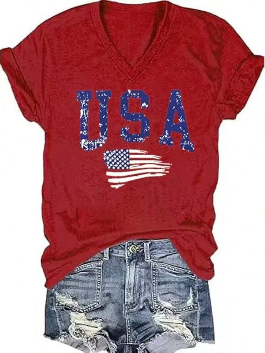4th Of July V Neck Patriotic T-Shirts Women American Flag Print Faith Family Freedom Letter Casual Short Sleeve Tee Tops Halloween Christmas New Year - 紅色-3 - 查看 1