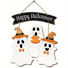 1 etiqueta de madera con diseño de fantasma de Halloween, etiqueta de pared adecuada para decoración de fiestas de Halloween en el hogar - Multicolor - Ver 1