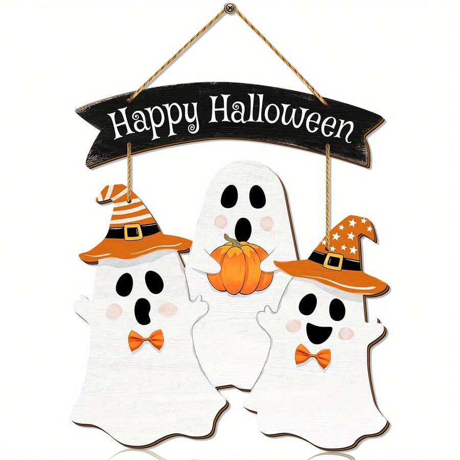 1 etiqueta de madera con diseño de fantasma de Halloween, etiqueta de pared adecuada para decoración de fiestas de Halloween en el hogar - Multicolor - Ver 1
