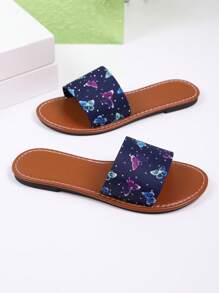Women's Casual Round Toe Colorful Butterfly Print Rhinestone Decor Flat Slippers