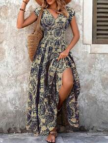 New Summer V-Neck Short Sleeve Floral Printed Dress, Lady Elegant Maxi Long Dress - Navy Blue - View 2
