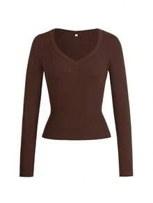 GLAMSKIN Women's Summer/Autumn Basic Striped Color Block Trim V-Neck Long Sleeve Top, Back To School/Outing/Streetwear Brown Casual - Brown - View 3