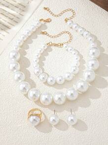 1 Set Elegant Beaded Necklace, Bracelet, Earrings, Ring Jewelry Set, Fashionable Design With High-End Style