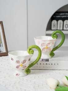 1 Set Creative Floral Hand-Painted Ceramic Coffee Mugs, Household High Handle Cups - Multicolor - View 4