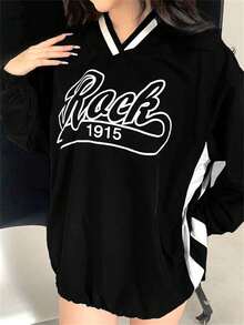 Spring Fashion Solid Color Street Loose Tops Casual Women's Letter Printing Draw Rope V-Neck Y2k Top For Women